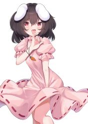 Rule 34 | 1girl, animal ears, black hair, blush, carrot necklace, dress, fingernails, floppy ears, hair between eyes, highres, i.f.s.f, inaba tewi, jewelry, looking at viewer, necklace, open mouth, pink dress, rabbit ears, rabbit girl, red eyes, short hair, short sleeves, simple background, solo, tongue, tongue out, touhou, white background