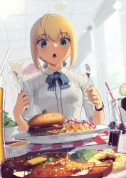 Rule 34 | 1girl, absurdres, ahoge, artoria pendragon (all), artoria pendragon (fate), blonde hair, boa (brianoa), burger, ceiling, collared shirt, cup, drinking glass, fate/stay night, fate (series), food, food request, fork, french fries, green eyes, hair between eyes, highres, holding, holding fork, holding knife, indoors, knife, open mouth, pinstripe pattern, pinstripe shirt, restaurant, saber (fate), salad, salad bowl, salt, salt shaker, shirt, short hair, short sleeves, solo, soy sauce, steak, striped, tagme, tile ceiling, tiles, two-tone neckwear