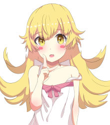 Rule 34 | 1girl, bakemonogatari, blonde hair, blush stickers, bow, collarbone, delt4imer, dot nose, dress, dress bow, fang, flat chest, hand up, highres, long hair, looking at viewer, monogatari (series), open mouth, oshino shinobu, pink bow, simple background, skin fang, solo, strap slip, upper body, v, white background, white dress, yellow eyes