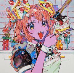 Rule 34 | 1girl, apron, axe, bad id, bad twitter id, blue eyes, cake, colored skin, ear piercing, earrings, flower, food, frilled apron, frills, hatchet, hatchet (axe), highres, holding, holding plate, jewelry, looking at viewer, open mouth, orange hair, original, piercing, pink skin, plant, plate, red flower, short sleeves, smile, solo, sonohara saori, strawberry shortcake, upper body, yellow flower