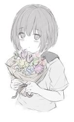 Rule 34 | 1girl, 7 calpis 7, :o, blue flower, blush, bouquet, commentary request, cropped torso, flower, green flower, greyscale, hair between eyes, highres, holding, holding bouquet, looking at viewer, monochrome, original, parted lips, purple flower, red flower, sailor collar, school uniform, serafuku, short hair, short sleeves, simple background, solo, tulip, white background, yellow flower