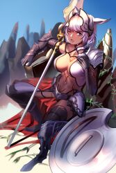 Rule 34 | 1girl, absurdres, animal ears, armor, armored boots, bikini, black bikini, black thighhighs, blue eyes, body markings, boots, breasts, caenis (fate), cape, cleavage, collarbone, commentary request, dark-skinned female, dark skin, fate/grand order, fate (series), faulds, full body, gauntlets, hair between eyes, headgear, highleg, highleg bikini, highres, large breasts, long hair, looking at viewer, mismatched bikini, navel, one eye closed, open mouth, polearm, ponytail, red cape, shield, shoulder plates, sidelocks, single bare shoulder, sitting, solo, stomach, sweat, swimsuit, thighhighs, torn clothes, torn thighhighs, waist cape, weapon, white bikini, white hair, xuanzi