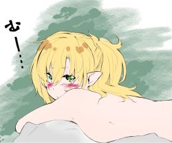 Rule 34 | armpits, blonde hair, blush, green eyes, koma kitsune (kururito), long hair, looking at viewer, lying, mizuhashi parsee, nude, on stomach, pointy ears, solo, touhou, translation request