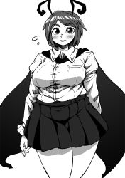 Rule 34 | 1girl, alternate breast size, antennae, blush, bow, breasts, cape, commentary, covered navel, dress shirt, fat, greyscale, grin, highres, ichigo kotou, juliet sleeves, large breasts, long sleeves, looking at viewer, miniskirt, monochrome, aged up, pleated skirt, plump, puffy sleeves, shirt, short hair, skirt, smile, solo, thick thighs, thighs, touhou, wriggle nightbug