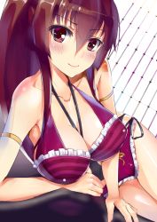 Rule 34 | 10s, 1girl, armlet, bare shoulders, between breasts, bikini, blush, breasts, brown eyes, brown hair, cleavage, collarbone, female focus, frilled bikini, frills, hair between eyes, henet hene, kantai collection, kantai collection (anime), large breasts, long hair, looking at viewer, lying, on side, ponytail, shiny skin, sidelocks, smile, solo, strap gap, swimsuit, yamato (kancolle)