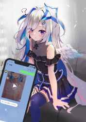 Rule 34 | 1girl, ?, amane kanata, amane kanata (new year), amane kanata (work), angel, angel wings, asymmetrical bangs, bare shoulders, black shirt, blue hair, blue skirt, blue thighhighs, blush, breasts, cellphone, colored inner hair, commentary request, couch, feathered wings, grey hair, hair ornament, hair over one eye, halo, highres, hololive, idol, juxtaposition, long hair, looking at viewer, midorikawa (tawf5452), mini wings, multicolored hair, netorare, on couch, open mouth, phone, photo comparison, pleated skirt, purple eyes, shirt, single thighhigh, sitting, skirt, small breasts, smartphone, solo focus, star halo, streaked hair, thighhighs, virtual youtuber, wings