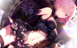 Rule 34 | 1girl, armor, armpit peek, atha (leejuiping), bare shoulders, black gloves, black leotard, breasts, center opening, cloud, cloudy sky, cowboy shot, day, dutch angle, elbow gloves, embellished costume, fate/grand order, fate (series), foreshortening, glint, gloves, hair over one eye, highres, leotard, light purple hair, light smile, looking at viewer, mash kyrielight, medium breasts, navel, outdoors, outstretched arm, parted lips, purple eyes, shield, short hair, sky, solo, standing, stomach, sunlight, thigh strap