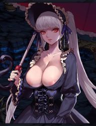 Rule 34 | 1girl, areola slip, bad id, bad pixiv id, bonnet, breasts, cleavage, collarbone, corset, covered erect nipples, dungeon and fighter, frills, gothic lolita, happening18, large breasts, lolita fashion, long hair, looking at viewer, pale skin, red eyes, silver luster tagore, solo, twintails, umbrella, very long hair, white hair