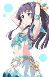 Rule 34 | adjusting hair, armband, armpits, arms up, belted skirt, black hair, blue eyes, blush, bow, bra, breasts, checkered bra, checkered clothes, choker, cleavage, commentary request, hair ribbon, idolmaster, idolmaster million live!, idolmaster million live! theater days, long hair, looking away, midriff, mogami shizuka, navel, open clothes, ponytail, ribbon, sailor collar, serious, shirt, sidelocks, skirt, sleeveless, sleeveless shirt, small breasts, solo, taka (suigendou), underwear, white background, white skirt