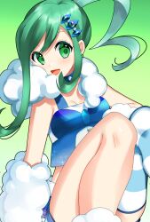 Rule 34 | 1girl, :d, asymmetrical legwear, breasts, cleavage, collarbone, creatures (company), game freak, gradient background, green background, green eyes, green hair, hair ornament, highres, lisia (pokemon), long hair, looking at viewer, midriff, nintendo, open mouth, pokemon, pokemon oras, sidelocks, single thighhigh, sitting, small breasts, smile, solo, striped clothes, striped thighhighs, thighhighs, yuihico