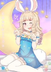 Rule 34 | 1girl, absurdres, animal ears, arms up, bad id, bad pixiv id, bare shoulders, blonde hair, blue dress, crescent moon, curly hair, dress, elin, highres, knees together feet apart, lamb (tibberz), long hair, moon, navel, no panties, one eye closed, paw pose, rabbit ears, rabbit tail, red eyes, see-through, short dress, sitting, solo, strapless, strapless dress, tail, tera online, thighhighs, white thighhighs