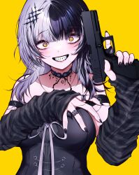 Rule 34 | 1girl, absurdres, black choker, black hair, black nails, choker, detached sleeves, glock, gun, handgun, highres, holding, holding gun, holding weapon, hololive, hololive english, jewelry, kyaneton, long hair, long sleeves, looking at viewer, multicolored hair, ribbon, ring, shiori novella, shiori novella (1st costume), simple background, smile, solo, split-color hair, teeth, upper body, virtual youtuber, weapon, white hair, white ribbon, wide-eyed, yellow background, yellow eyes