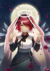 Rule 34 | 1girl, alternate costume, arknights, cowboy shot, exusiai (arknights), full moon, grey skirt, hair over one eye, halo, hands up, highres, long sleeves, looking at viewer, moon, noixen, red hair, short hair, skirt, smile, solo, standing, yellow eyes