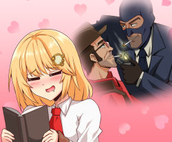 Rule 34 | 1girl, 2boys, acefish, blonde hair, blu spy (tf2), blush, book, cigarette, closed eyes, commentary, drooling, english commentary, fujoshi, heart, heart background, holding, holding book, hololive, hololive english, imagining, lighter, multiple boys, necktie, open mouth, pink background, reading, red neckwear, red sniper (tf2), shirt, smile, sniper (tf2), spy (tf2), team fortress 2, virtual youtuber, watson amelia, watson amelia (1st costume), white shirt, yaoi