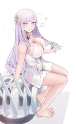 Rule 34 | 1girl, absurdres, azur lane, bare legs, bare shoulders, barefoot, bloomers, blunt bangs, bra, breasts, cleavage, collar, commentary request, corset, detached collar, eyelashes, feet, flower-shaped pupils, gloves, hair ornament, twirling hair, half gloves, heart, highres, large breasts, legs, lingerie, long hair, looking at viewer, multicolored hair, partial commentary, pink eyes, pink hair, plymouth (azur lane), signature, sitting, smile, solo, straight hair, streaked hair, symbol-shaped pupils, talons, teeth, thighs, toenails, toes, underwear, weapon request, white background, white bloomers, white bra, white collar, white corset, white gloves, zhemuxuanhua