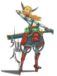 Rule 34 | absurdres, arm behind head, blonde hair, cyberpunk, cyborg, earrings, green eyes, hand on hilt, highres, horns, jewelry, koutetu yarou, long hair, looking at viewer, mechanical arms, original, pointy ears, prosthesis, prosthetic arm, scabbard, science fiction, shadow, sheath, sheathed, shoulder strap, signature, solo, standing, sword, vial, weapon, white background