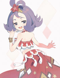 1girl :d acerola_(pokemon) acerola_(sygna_suit)_(pokemon) bracelet commentary_request creatures_(company) flipped_hair flower frills game_freak gem_(symbol) grey_eyes hair_flower hair_ornament half-closed_eyes hand_up jewelry medium_hair mxkjxm_(nhss2337) necklace nintendo official_alternate_costume open_mouth pokemon pokemon_masters_ex purple_hair red_flower red_skirt skirt smile solo topknot white_background