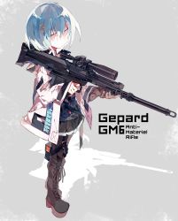 Rule 34 | 1girl, anti-materiel rifle, barcode, black pants, black shirt, black skirt, blue hair, boots, bullpup, coat, commentary request, cross-laced footwear, full body, gepard gm6 lynx, grey background, gun, hair between eyes, hair ornament, highres, holding, holding gun, holding weapon, lace-up boots, looking at viewer, meto (metrin), open clothes, open coat, original, pants, pink eyes, pouch, rifle, semi-automatic firearm, semi-automatic rifle, shirt, short hair, skirt, sleeves past wrists, sniper rifle, solo, standing, weapon, white coat