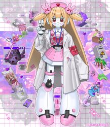 1girl ai-generated_art_(topic) apron bandaged_wrist bandages blonde_hair book box cable character_name cloud commentary_request controller dakimakura_(object) expressionless figure game_controller hair_ornament hand_up hat heart heart_print highres humanoid_robot joints lab_coat long_hair looking_at_viewer metal_skin natori_sana natori_sana_(nurse) nurse_cap official_art pillow pink_apron pink_hat poin_(goruchopame) rabbit_hair_ornament red_eyes robot robot_girl robot_joints sana_channel solo sparkle two_side_up v virtual_youtuber