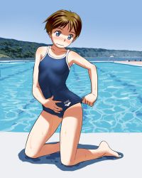 Rule 34 | 1girl, adjusting clothes, adjusting swimsuit, arena (company), barefoot, blue eyes, blush, brown hair, competition school swimsuit, day, flat chest, full body, highres, kneeling, mu-pyon, one-piece swimsuit, original, outdoors, pool, pool ladder, poolside, school swimsuit, short hair, solo, swimsuit, tan, tanline, very short hair, wavy mouth, wet