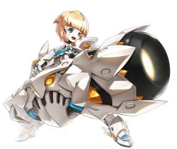 Rule 34 | 1boy, :o, absurdres, armor, blonde hair, blue eyes, blue necktie, boots, brown hair, cannon, chung seiker, elsword, full body, gloves, guardian (elsword), hair flaps, highres, holding, holding weapon, male focus, multicolored hair, necktie, official art, open mouth, pauldrons, ress, shoulder armor, solo, standing, streaked hair, transparent background, two-tone hair, weapon