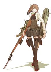 Rule 34 | 10s, bad id, bad pixiv id, bayonet, bike shorts, boushi-ya, brown eyes, brown hair, flat chest, flight deck, gun, headband, headgear, jacket, kantai collection, looking to the side, machinery, pleated skirt, rifle, short hair, simple background, skirt, smile, solo, standing, taihou (kancolle), thighhighs, weapon, white background