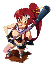 Rule 34 | 00s, 1girl, bare arms, bikini, bikini top only, black bikini, blurry, breasts, cleavage, depth of field, elbow gloves, gloves, goggles, gun, highres, long hair, looking at viewer, navel, open mouth, ponytail, red hair, shorts, solo, swimsuit, tengen toppa gurren lagann, thighhighs, weapon, white background, yellow eyes, yoko littner, yunsang