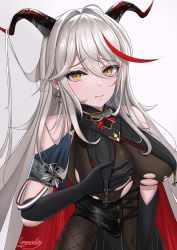 Rule 34 | 1girl, absurdres, aegir (azur lane), artist name, azur lane, bare shoulders, black cape, black gloves, bodystocking, breast curtains, breasts, cape, covered navel, cross, cross-laced clothes, cross earrings, demon horns, earrings, gloves, gmomotdly, hair between eyes, hair on horn, highres, horns, iron cross, jewelry, large breasts, long hair, looking at viewer, multicolored hair, red hair, simple background, solo, streaked hair, torn bodystocking, torn clothes, two-tone hair, underbust, upper body, very long hair, white background, white hair, yellow eyes