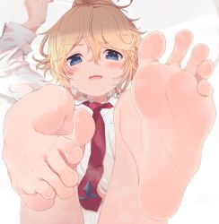 Rule 34 | 1girl, absurdres, barefoot, blonde hair, blue eyes, blush, feet, female focus, foot focus, foreshortening, hair between eyes, highres, kahlua (artist), looking at viewer, lying, necktie, necro suicide mission, on back, open mouth, panties, ponytail, red necktie, soles, solo, sweat, tiffany heart, toe scrunch, toes, underwear, white panties