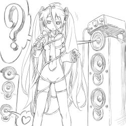 Rule 34 | 10s, 2012, cable, censored, convenient censoring, dated, detached sleeves, greyscale, hatsune miku, isedaichi ken, long hair, microphone, monochrome, necktie, nude, solo, speaker, thighhighs, twintails, very long hair, vocaloid