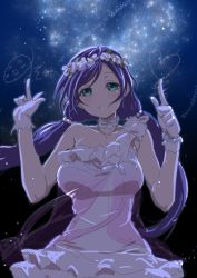 Rule 34 | 10s, 1girl, blush, breasts, clearite, dress, finger writing, gloves, green eyes, head wreath, highres, large breasts, long hair, looking at viewer, love live!, love live! school idol project, night, night sky, purple hair, signature, sky, smile, solo, star (sky), tojo nozomi, twintails, yume no tobira