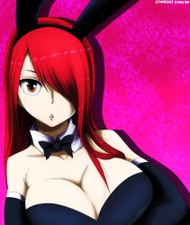 Rule 34 | 1girl, animal ears, bare shoulders, bow, bowtie, breasts, cleavage, erza scarlet, facing viewer, fairy tail, fake animal ears, female focus, gloves, hair over one eye, highres, iiyametaii, large breasts, leotard, long hair, looking at viewer, playboy bunny, rabbit ears, red hair, solo, surprised, tagme