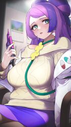 Rule 34 | 1girl, alternate breast size, aran sweater, blush, breasts, cable knit, cellphone, coat, creatures (company), earrings, game freak, green eyes, highres, holding, holding phone, jewelry, kashu (hizake), lab coat, large breasts, long hair, long sleeves, miriam (pokemon), multicolored hair, nintendo, open clothes, open coat, phone, pokemon, pokemon sv, purple hair, skirt, smartphone, solo, striped clothes, striped skirt, sweater, two-tone hair