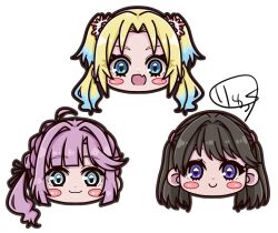 Rule 34 | 3girls, :3, :d, ahoge, anyoji hime, aozora ryukku, black ribbon, blonde hair, blue eyes, blue hair, blunt bangs, blush stickers, brown hair, c:, chibi, chibi only, closed mouth, commentary request, fang, flower, fujishima megumi, gradient hair, hair flower, hair intakes, hair ornament, hair ribbon, light blue hair, link! like! love live!, long hair, looking at viewer, love live!, mira-cra park!, multi-tied hair, multicolored hair, multiple girls, open mouth, osawa rurino, parted bangs, pink flower, pink hair, ponytail, purple eyes, ribbon, sidelocks, signature, skin fang, smile, swept bangs, thick outlines, twintails, two side up, virtual youtuber, white background, white flower