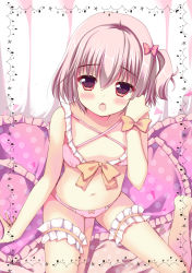 Rule 34 | 1girl, :o, barefoot, blush, bow, bra, breasts, criss-cross halter, frilled pillow, frills, from above, halterneck, halterneck, highres, looking up, nasu hanahana, navel, open mouth, original, panties, pillow, pink bra, pink eyes, pink hair, pink panties, ribbon, short hair, side ponytail, sitting, small breasts, solo, spread legs, underwear, underwear only