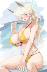 Rule 34 | 1girl, absurdres, animal ears, bare shoulders, bikini, blonde hair, blue archive, blue eyes, blush, breasts, cleavage, collarbone, dog ears, extra ears, hair over one eye, halo, high ponytail, highres, kanna (blue archive), kasumi saika, large breasts, long hair, looking at viewer, navel, open mouth, sitting, solo, swimsuit, thighs, wavy hair, wet, yellow bikini