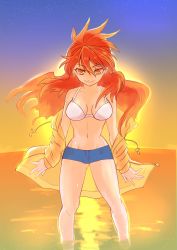 Rule 34 | 1girl, amou kanade, breasts, closed mouth, commentary request, groin, highres, long hair, looking at viewer, navel, red eyes, red hair, senki zesshou symphogear, short shorts, shorts, smile, solo