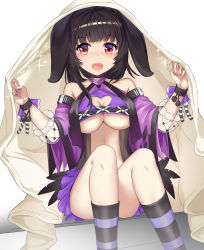Rule 34 | 1girl, absurdres, animal ears, bad id, bad pixiv id, bare shoulders, black choker, black hair, blunt bangs, breasts, chinese commentary, choker, cleavage, cleavage cutout, clothing cutout, commentary request, convenient leg, crop top, feet out of frame, fingernails, hands up, highres, kneehighs, knees up, large breasts, long fingernails, looking at viewer, miniskirt, open mouth, original, purple skirt, red eyes, simple background, sitting, skirt, smile, socks, solo, sparkle, striped clothes, striped socks, under covers, underboob, white background, wide sleeves, wristband, yusan