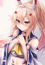 Rule 34 | 1girl, absurdres, ayanami (azur lane), azur lane, bare shoulders, blush, breasts, choker, collarbone, commentary request, crop top, detached sleeves, hair between eyes, headgear, highres, long hair, looking at viewer, navel, neckerchief, own hands together, ponytail, ryara, shirt, sidelocks, simple background, small breasts, smile, solo, upper body, white background, white shirt, wide sleeves, yellow neckerchief