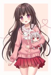 Rule 34 | 1girl, :&lt;, adapted costume, bad id, bad pixiv id, beige background, black hair, blush, border, bow, bowtie, cardigan, character doll, clenched hands, commentary request, cowboy shot, doll, fujiwara no mokou, grey border, hair bow, heart, heart of string, highres, holding, holding doll, houraisan kaguya, jitome, long hair, long sleeves, looking at viewer, mayo (miyusa), miniskirt, open mouth, outside border, pants, pink cardigan, pink eyes, pleated skirt, red pants, red skirt, sailor collar, silver hair, simple background, skirt, solo, standing, thighs, touhou, very long hair, white bow, white bowtie, white sailor collar