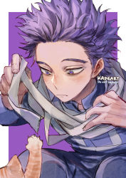 Rule 34 | 1boy, artist name, bandages, blue pants, blue shirt, boku no hero academia, cat, close-up, closed mouth, forehead, frown, hand up, kadeart, long sleeves, male focus, pants, purple eyes, purple hair, shinsou hitoshi, shirt, short hair, solo, spiked hair, squatting, symbol-only commentary, tabby cat, two-tone background