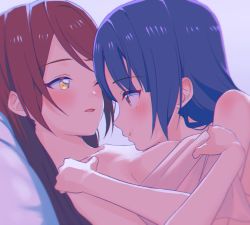 Rule 34 | 2girls, :t, blue hair, blush, breast press, breasts, closed mouth, collarbone, completely nude, eye contact, from side, long hair, looking at another, love live!, love live! sunshine!!, medium breasts, multiple girls, nude, open mouth, red eyes, red hair, sakurauchi riko, sellel, tsushima yoshiko, upper body, yellow eyes, yuri