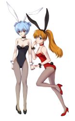 Rule 34 | 2girls, alternate hairstyle, animal ears, aoi chihiro (ru3ds), ayanami rei, bad id, bad pixiv id, bare shoulders, blue eyes, blue hair, brown hair, choker, collarbone, fake animal ears, high heels, highres, holding hands, long hair, multiple girls, neon genesis evangelion, pantyhose, playboy bunny, ponytail, rabbit ears, rabbit tail, red eyes, shoes, souryuu asuka langley, tail, twintails, two side up, wrist cuffs