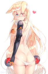 Rule 34 | 1girl, 3:, animal ears, ass, blue eyes, blush, breasts, closed mouth, covering privates, covering breasts, dimples of venus, g41 (girls&#039; frontline), girls&#039; frontline, hair between eyes, hair bobbles, hair ornament, half-closed eyes, heart, heterochromia, long hair, looking at viewer, looking back, low twintails, lowleg, lowleg panties, mechanical arms, medium breasts, panties, panty pull, red eyes, shirosaba, simple background, solo, thighs, topless, twintails, underwear, very long hair, white background, white panties