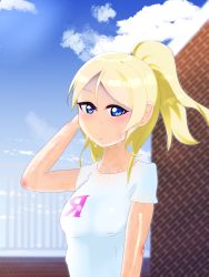 Rule 34 | 1girl, absurdres, aqua shirt, aqua tank top, artist name, artist request, ayase eli, blonde hair, blue eyes, blue sky, blush, breasts, clothes writing, cloud, collarbone, day, female focus, floating hair, hair between eyes, hair ornament, hairclip, high ponytail, highres, long hair, looking at viewer, love live!, love live! school idol festival, love live! school idol project, medium breasts, outdoors, parted lips, ponytail, shirt, short hair, short sleeves, sky, smile, solo, t-shirt, tank top, upper body, wet, wet clothes, wet shirt, white shirt