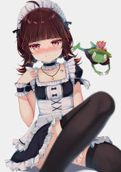 Rule 34 | 1girl, absurdres, apron, blush, brown hair, embarrassed, frog, highres, ikazu401, jewelry, keroro suika, looking at viewer, maid, maid apron, maid headdress, necklace, pale skin, pink eyes, star (symbol), tattoo, thighhighs, virtual youtuber, yumelive