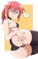 Rule 34 | 1girl, abysswatchers, anger vein, annoyed, ass, ass focus, ass grab, black bra, black choker, black panties, black thighhighs, border, bra, breasts, choker, closed mouth, cowboy shot, eyebrows, female focus, from below, from side, glasses, grabbing own ass, kobayashi-san chi no maidragon, kobayashi (maidragon), leaning to the side, looking at viewer, looking to the side, medium hair, panties, ponytail, red hair, simple background, sitting, skinny, small breasts, solo, thighhighs, underwear, white border, yellow background, yellow eyes