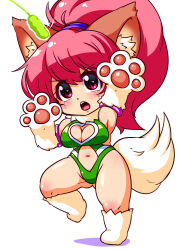 Rule 34 | 1girl, animal ears, bare legs, bare shoulders, breasts, cat ears, cat girl, chibi, curvy, female focus, full body, highleg, highres, large breasts, leotard, long hair, open mouth, paw print, perisie (star ocean), pink hair, ponytail, red eyes, ryoi, shiny clothes, shiny skin, solo, star ocean, star ocean first departure, thighs, thong leotard, very long hair
