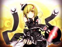 Rule 34 | 1girl, alternate costume, bare shoulders, blonde hair, blush, crescent, detached sleeves, female focus, fingerless gloves, gloves, hat, headphones, headphones around neck, highres, holding, kazetto, looking at viewer, lunasa prismriver, record, short hair, smile, solo, touhou, yellow eyes