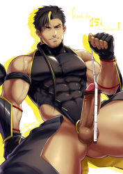Rule 34 | 1boy, bar censor, bara, bare shoulders, black hair, blonde hair, censored, covered abs, covered navel, crotchless, crotchless pants, covered erect nipples, erection, facial hair, gluteal fold, highres, hip vent, large pectorals, looking at viewer, male focus, measuring, milestone celebration, multicolored hair, muscular, muscular male, ninja (yzpyn), original, pectorals, penis, scar, scar on face, shirt, short hair, skin tight, solo, spread legs, streaked hair, stubble, tape measure, taut clothes, taut shirt, testicles, thick thighs, thighs, veins, veiny penis, yzpyn